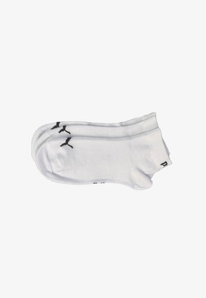 White ankle socks made of soft cotton, featuring black branding on the side. They have a ribbed cuff for comfort and fit.