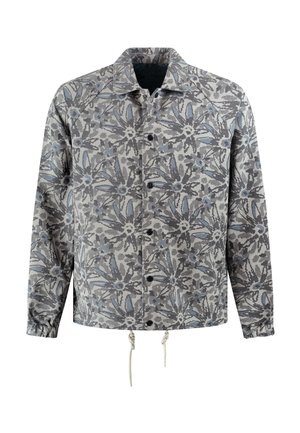 Kurtka na guziki z szaro-niebieskim kwiatowym wzorem, długimi rękawami, kołnierzem, elastycznymi mankietami i ściągaczem na dole.