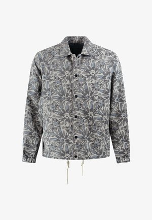 Kurtka na guziki z szaro-niebieskim kwiatowym wzorem, długimi rękawami, kołnierzem, elastycznymi mankietami i ściągaczem na dole.