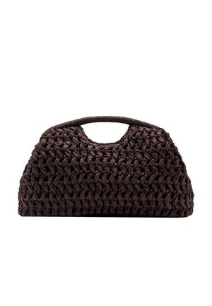 Sac à main tissé marron foncé avec des poignées supérieures arrondies et un motif tricoté épais et texturé.