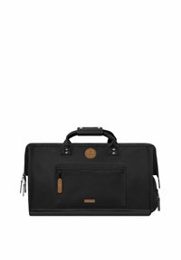 Sac en toile noir avec des poignées doubles, compartiment principal zippé, poche avant et accents en cuir. Présente un patch logo rond.