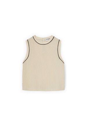 Mouwloze beige top met dunne verticale zwarte strepen en zwarte rand rond de armsgaten en halslijn, plat gelegd op een witte achtergrond.