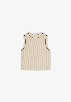 Sleeveless beige top with thin vertical black stripes and black trim around armholes and neckline, flat lay on white background.