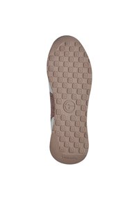 Brązowy i jasnoniebieski but z teksturowaną gumową podeszwą z okrągłymi wzorami oraz logo. Cholewa ma oddychający siateczkowy design.