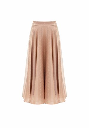 Gonna midi beige a linea con un delicato motivo a pois e vita alta, realizzata in tessuto leggero e semitrasparente sovrapposto a una fodera.