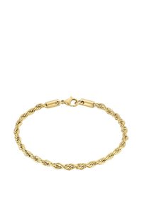 Zlaten obrnjen verižica z zaponko na raka. Ima vpleten dizajn in gladko teksturo, kar povečuje njen sijajen videz.