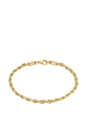 Bracelet en chaîne torsadée dorée avec un fermoir en mousqueton. Présente un design entrelacé et une texture lisse, mettant en valeur son apparence scintillante.