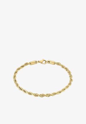 Pulsera de cadena trenzada dorada con cierre de langosta. Presenta un diseño entrelazado y una textura suave, lo que realza su apariencia brillante.