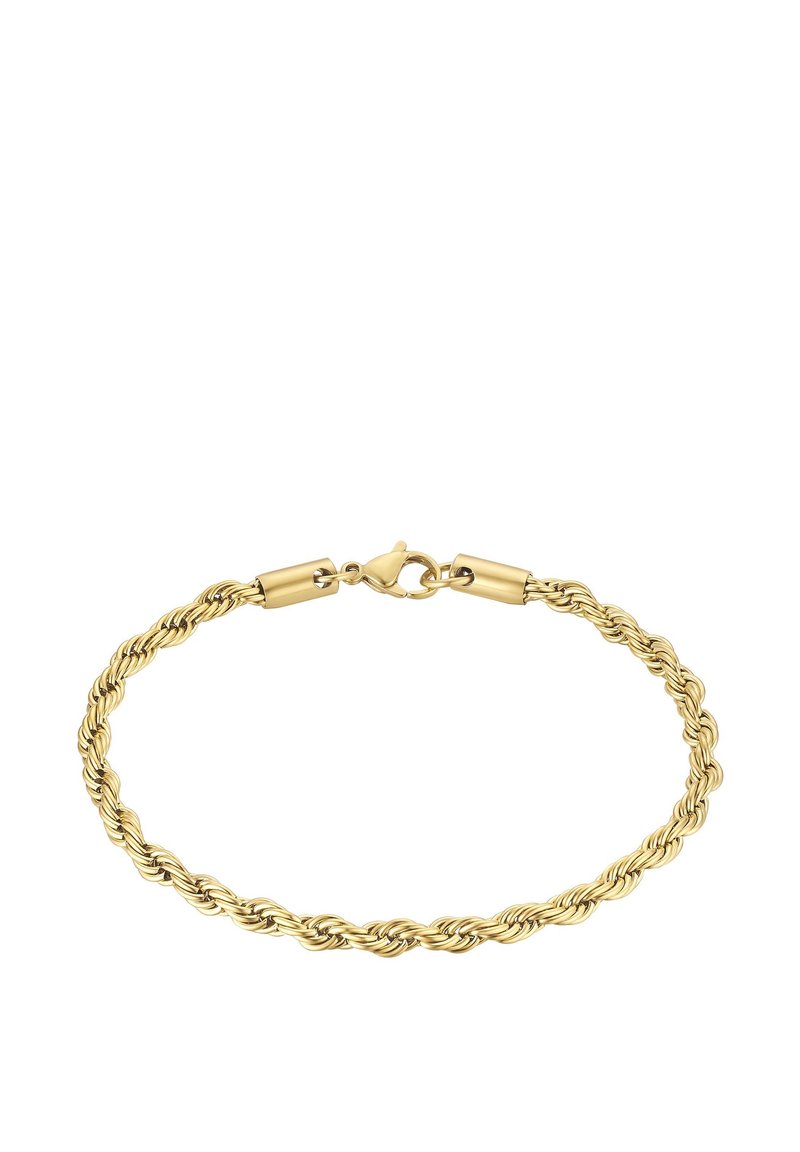 Zlaten obrnjen verižica z zaponko na raka. Ima vpleten dizajn in gladko teksturo, kar povečuje njen sijajen videz.