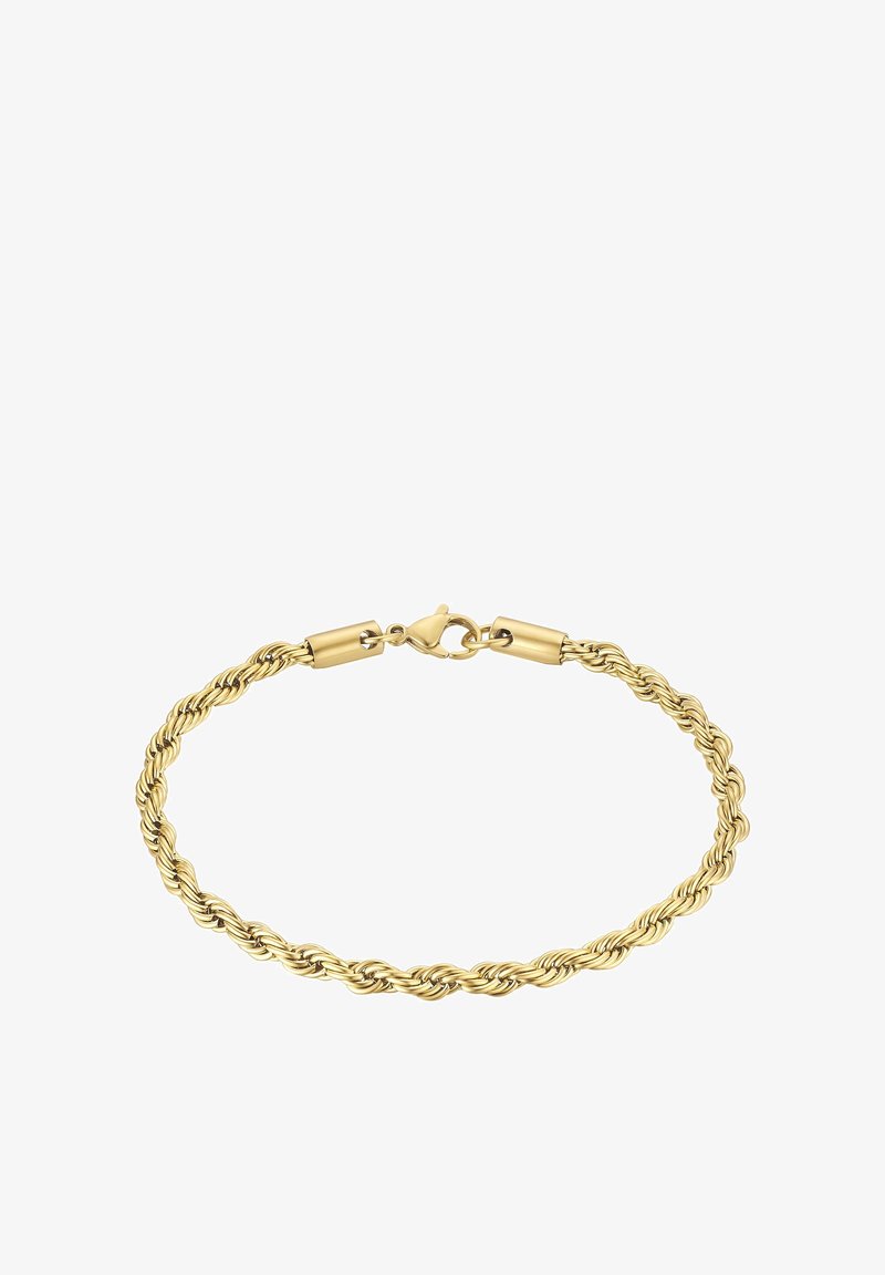 Zlaten obrnjen verižica z zaponko na raka. Ima vpleten dizajn in gladko teksturo, kar povečuje njen sijajen videz.