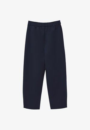 Marineblaue, verkürzte Hose aus glattem Stoff, mit elastischem Bund und seitlichen Schlitzen für bessere Bewegungsfreiheit.