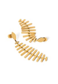 Gioielli in tono dorato caratterizzati da segmenti rettangolari allungati e accentuazioni ovali lisce, interconnessi da delicati elementi a catena.