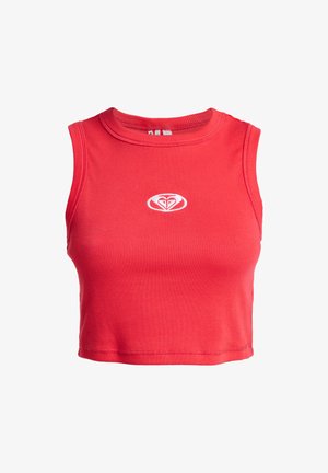 Piros, bordázott anyagból készült, rövidített ujjú trikó, lekerekített nyakkivágással és kisméretű, fehér logóval a mellrészen. Egyszerű, ujjatlan kialakítás.