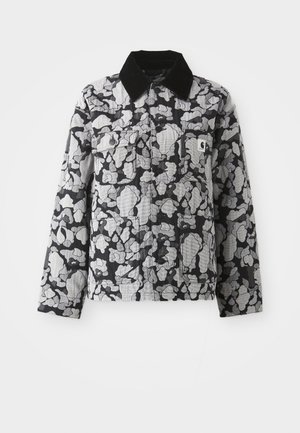 Black and gray camo-patterned jacket with black collar, buttoned front, chest flap pockets, yellow logo patch on left chest pocket.