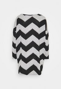 Schwarzes und graues Oberteil mit Chevronmuster, oversized mit Dreiviertelärmeln und einem weichen, strukturierten Stoff. Rundhalsausschnitt mit lockerer Passform.