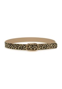 Leopardspray met een gouden ovale gesp; gemaakt van textuurstof en heeft een gladde binnenkant, met een breedte van ongeveer 1,5 cm.