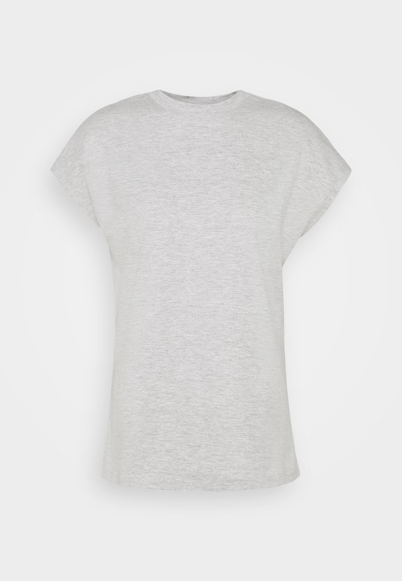 Kortärmad grå t-shirt i lättviktig tyg, med avslappnad passform och rund halsringning, med en jämn, slät struktur.