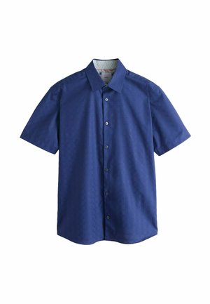Short-sleeve dark blue button-up shirt with a pointed collar and subtle textured pattern.