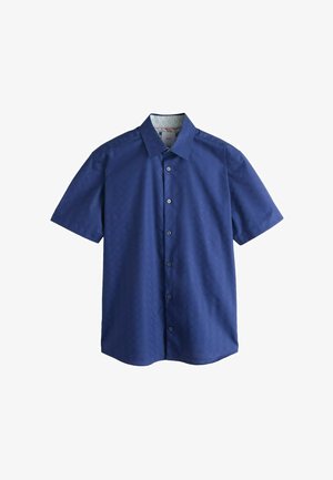 Short-sleeve dark blue button-up shirt with a pointed collar and subtle textured pattern.