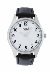 Round watch with a silver metal case, white dial, black hour markers, and a black leather strap. Brand name "regal" displayed at center.