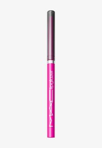 Le gloss à lèvres MAC Lipglazer en rose vif avec un design cylindrique élégant. L'extrémité est transparente avec une teinte violet profond. Présente un logo blanc.