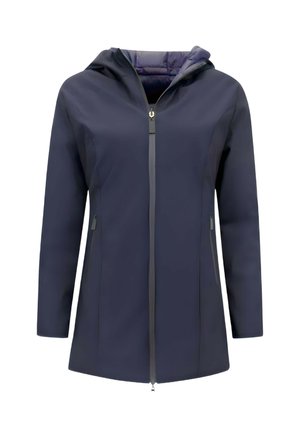 Marineblauwe capuchonjas met voorrits en zijzakken met rits, getailleerde pasvorm, lange mouwen en een gladde stoftextuur.