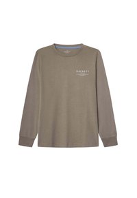 Taupe dlhý rukáv, tričko s okrúhlym výstrihom a bielym logom "Hackett London" a malým textom na ľavej hrudi, rebrované manžety, jednoduchý dizajn.
