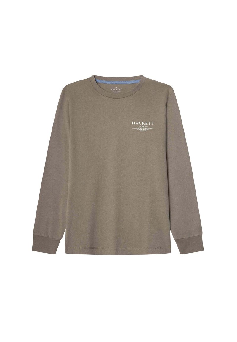 Taupe dlhý rukáv, tričko s okrúhlym výstrihom a bielym logom "Hackett London" a malým textom na ľavej hrudi, rebrované manžety, jednoduchý dizajn.