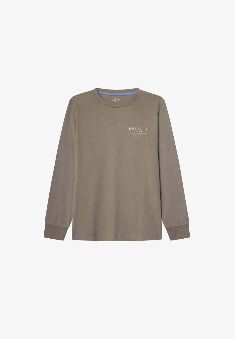 Taupe dlhý rukáv, tričko s okrúhlym výstrihom a bielym logom "Hackett London" a malým textom na ľavej hrudi, rebrované manžety, jednoduchý dizajn.