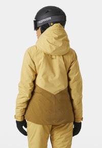 Skijacke in Gelb- und Brauntönen; mit Kapuze und strukturiertem Finish. Verfügt über Handschuhe, ein markiertes Rückenlogo und ein Design mit kontrastierenden Farbpaneelen.