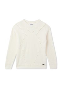 Biały sweter dzianinowy z prążkowaną teksturą, okrągłym dekoltem i dekoracyjnymi ażurowymi wzorami na rękawach i przodzie. Miękka tkanina.