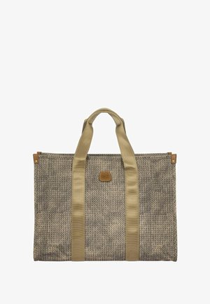 Sac fourre-tout en tissu tissé dans des tons taupe et beige, avec deux anses en toile et un patch logo marron à l'avant.