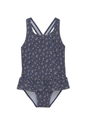 Marinblå badkläder med blommönster, tanktoppsstil, korsade axelband, volangkant och åtsittande nederdel. Tillverkad av mjukt, elastiskt material.