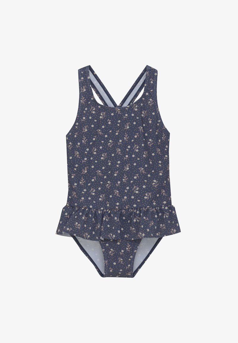 Marine zwemkleding met bloemenprint, top in tankstijl, gekruiste bandjes, gerimpelde zoom en aansluitende onderkant. Gemaakt van zacht, rekbaar materiaal.