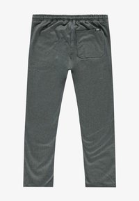 Grijze, zachte stoffen broek met een elastische tailleband en een enkele achterzak met een vierkante vorm en minimale branding.