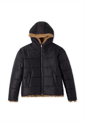 Giacca imbottita nera con cappuccio, con un caldo rivestimento interno beige, chiusura con zip e due tasche anteriori. Design trapuntato testurizzato.