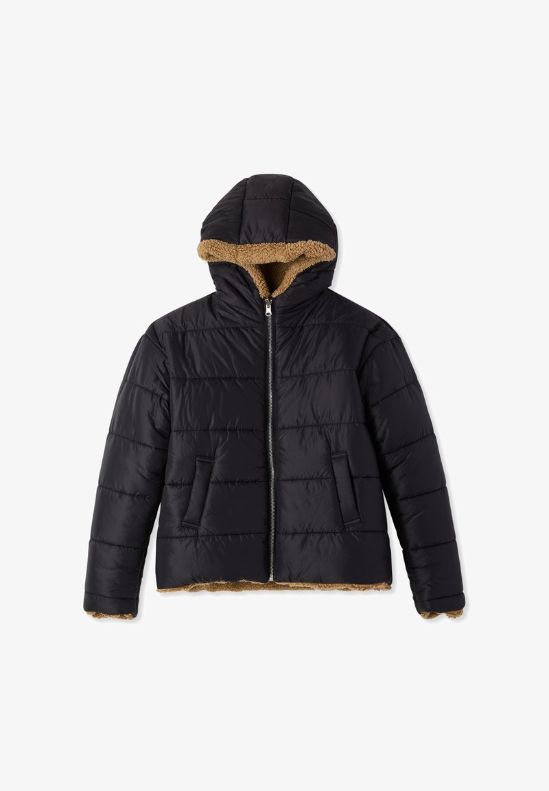 Giacca imbottita nera con cappuccio, con un caldo rivestimento interno beige, chiusura con zip e due tasche anteriori. Design trapuntato testurizzato.