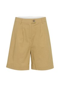 Khaki šortky s uvolněným střihem, vybavené knoflíkovým zapínáním, předními sklady a hladkým povrchem. Lem je rovný s mírným ohrnutím.