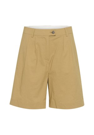 Khaki šortky s uvolněným střihem, vybavené knoflíkovým zapínáním, předními sklady a hladkým povrchem. Lem je rovný s mírným ohrnutím.