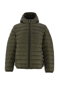 Giacca imbottita verde oliva con cappuccio, chiusura frontale con cerniera e design a righe orizzontali. Tessuto morbido, materiale resistente e polsini elasticizzati.