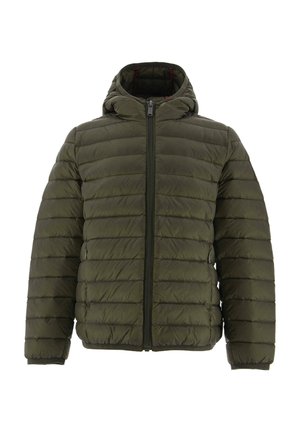 Gepolsterte, olivgrüne Jacke mit Kapuze, Reißverschluss vorne und horizontalem Steppdesign. Weicher Stoff, strapazierfähiges Material und elastische Bündchen.