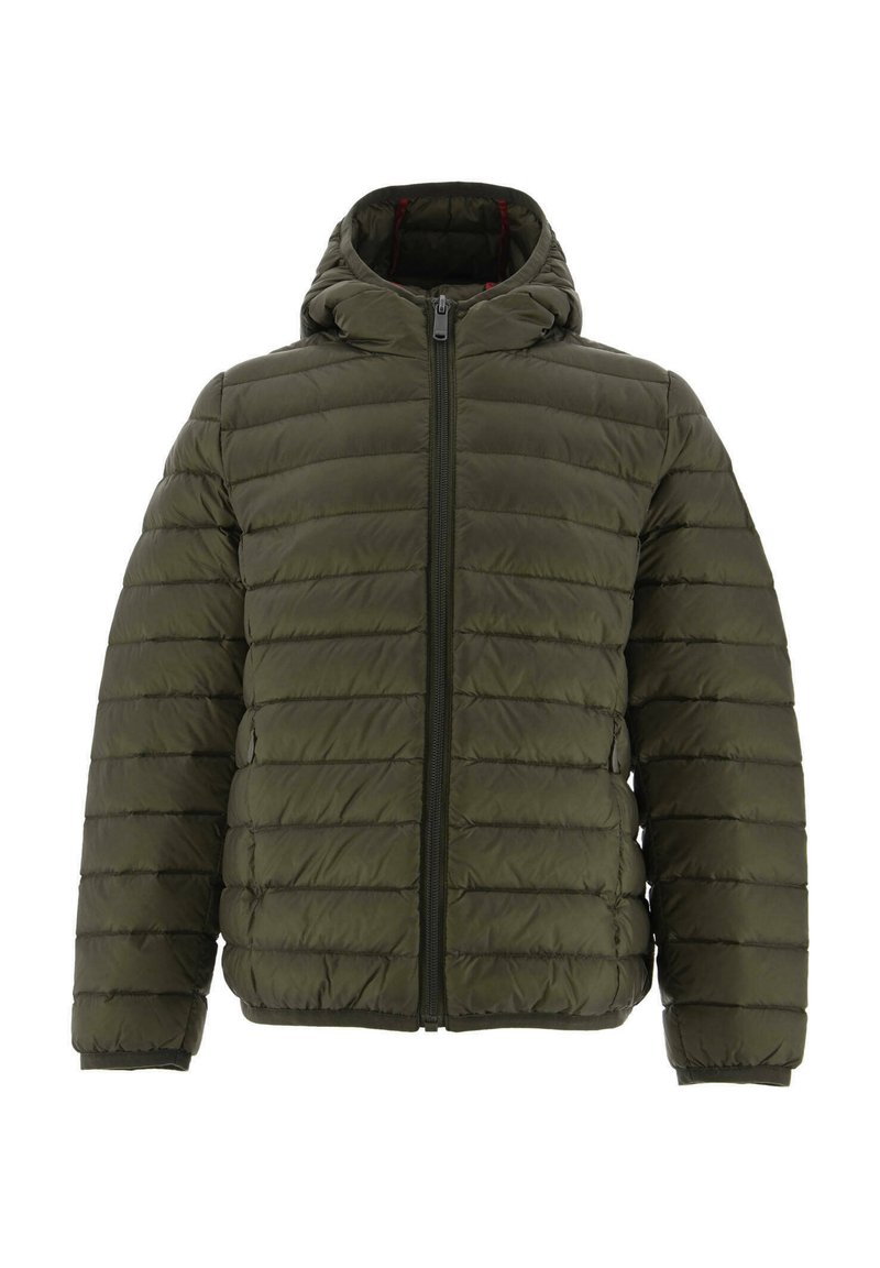 Giacca imbottita verde oliva con cappuccio, chiusura frontale con cerniera e design a righe orizzontali. Tessuto morbido, materiale resistente e polsini elasticizzati.