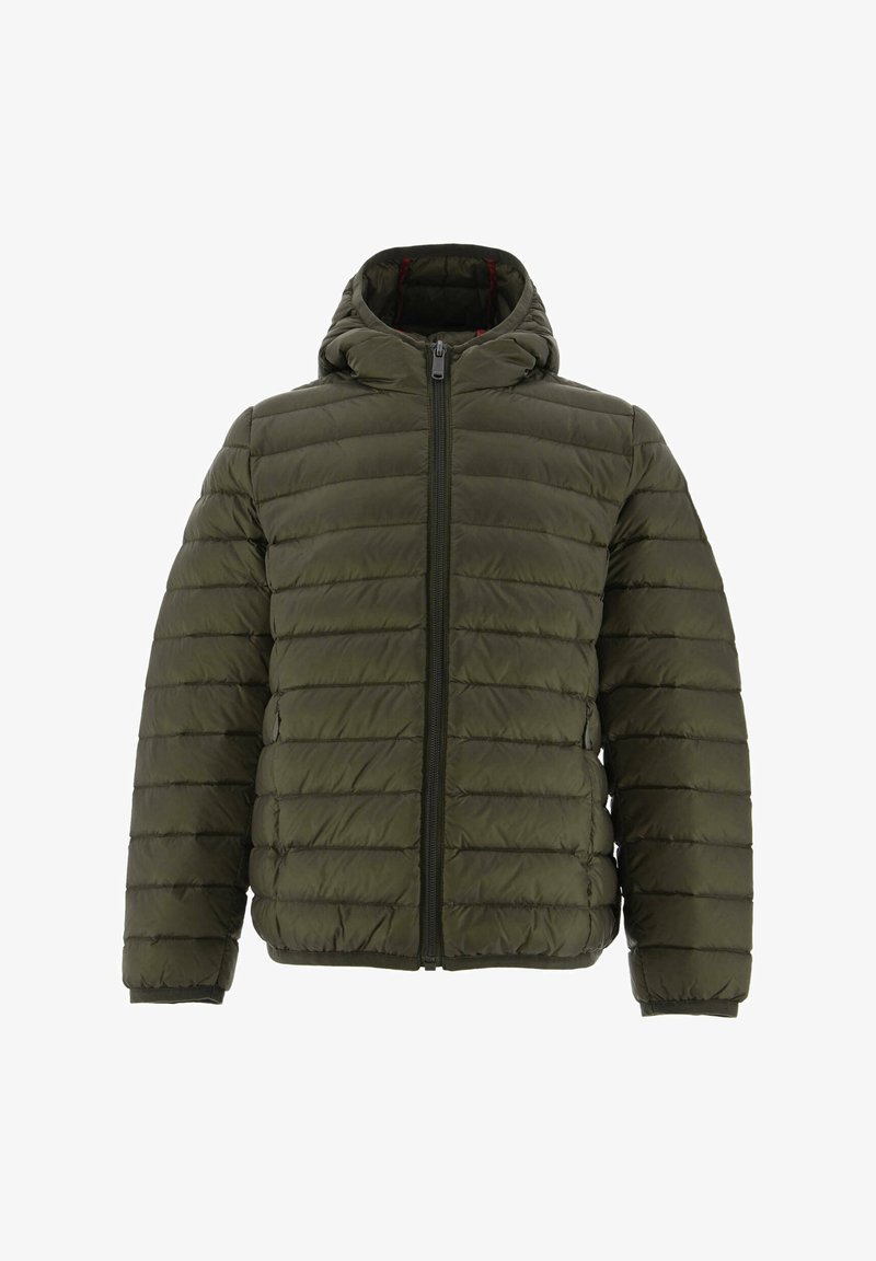 Padded, olive-green jacket with a hood, zipper front, and horizontal quilted design. Soft texture, durable material, and elastic cuffs.