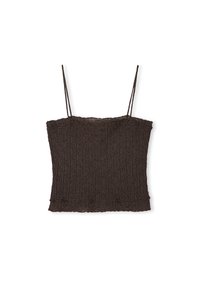 Top corto di colore marrone con texture, dotato di spalline sottili e regolabili, caratterizzato da un motivo a costine e un orlo arricciato nella parte inferiore.