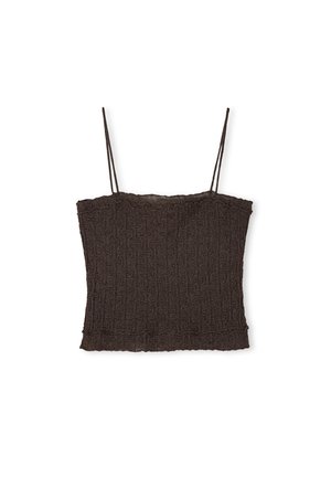 Top corto di colore marrone con texture, dotato di spalline sottili e regolabili, caratterizzato da un motivo a costine e un orlo arricciato nella parte inferiore.