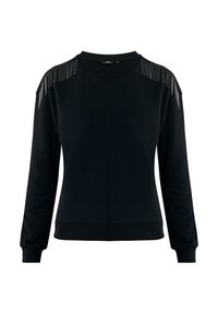 Schwarzer Sweatshirt mit langen Ärmeln, gerippten Bündchen und Saum, mit dekorativer Fransenverzierung in Silber an den Schultern. Weicher Stoff.