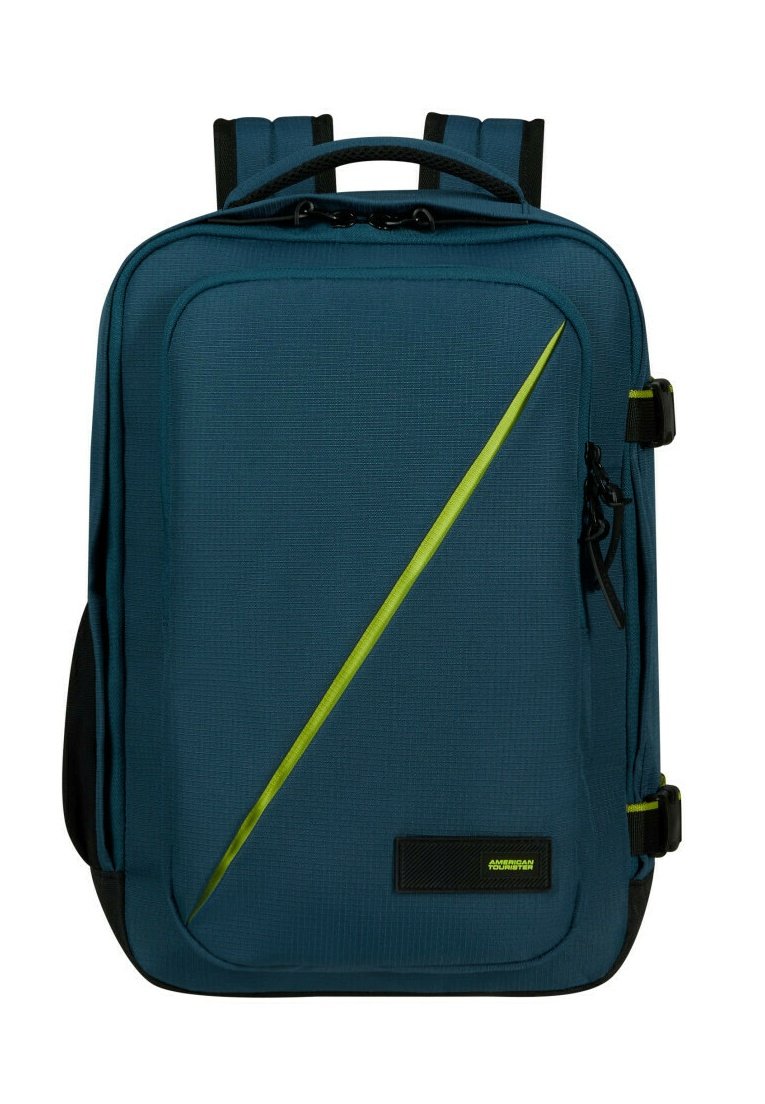 Zaino teal con superficie testurizzata, dotato di una striscia diagonale verde lime, manico superiore, spallacci regolabili e tasca frontale con zip.