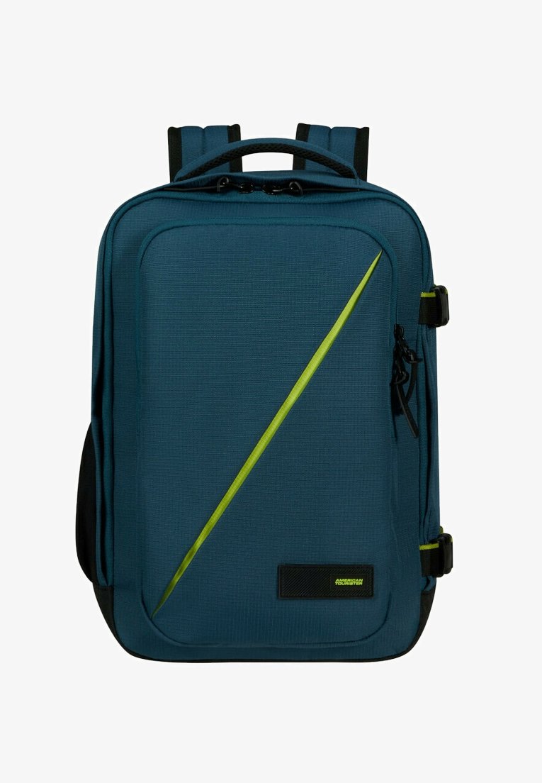 Zaino teal con superficie testurizzata, dotato di una striscia diagonale verde lime, manico superiore, spallacci regolabili e tasca frontale con zip.