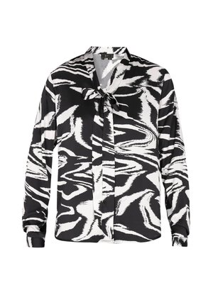 Garās piedurknes blūze melnbalti ar abstrahtu viļņu rakstu, satīna audums, V formas dekoltē ar saišu un elastīgām aprocēm.