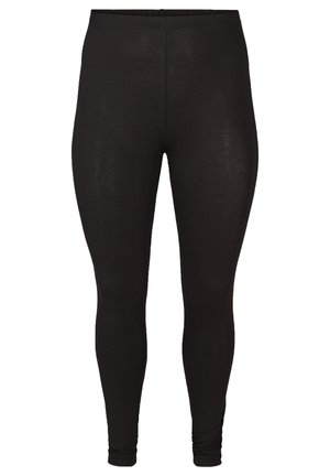 Zwarte leggings gemaakt van een lichtgewicht, rekbaar stof. Heeft een brede, elastische tailleband en een zachte textuur over het gehele kledingstuk.